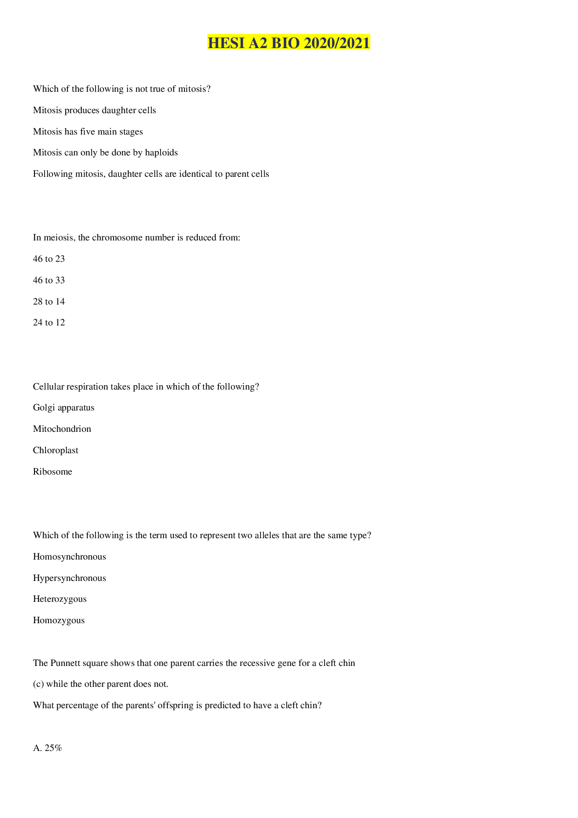 Preview image of HESI A2 BIO 2020/2021 document